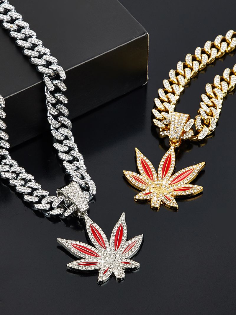 Heißer Verkauf Mode Diamant Rot Und Blau Emaille Ahornblatt Halskette Männer Hip Hop Punk Anhänger Halskette_voghion.com