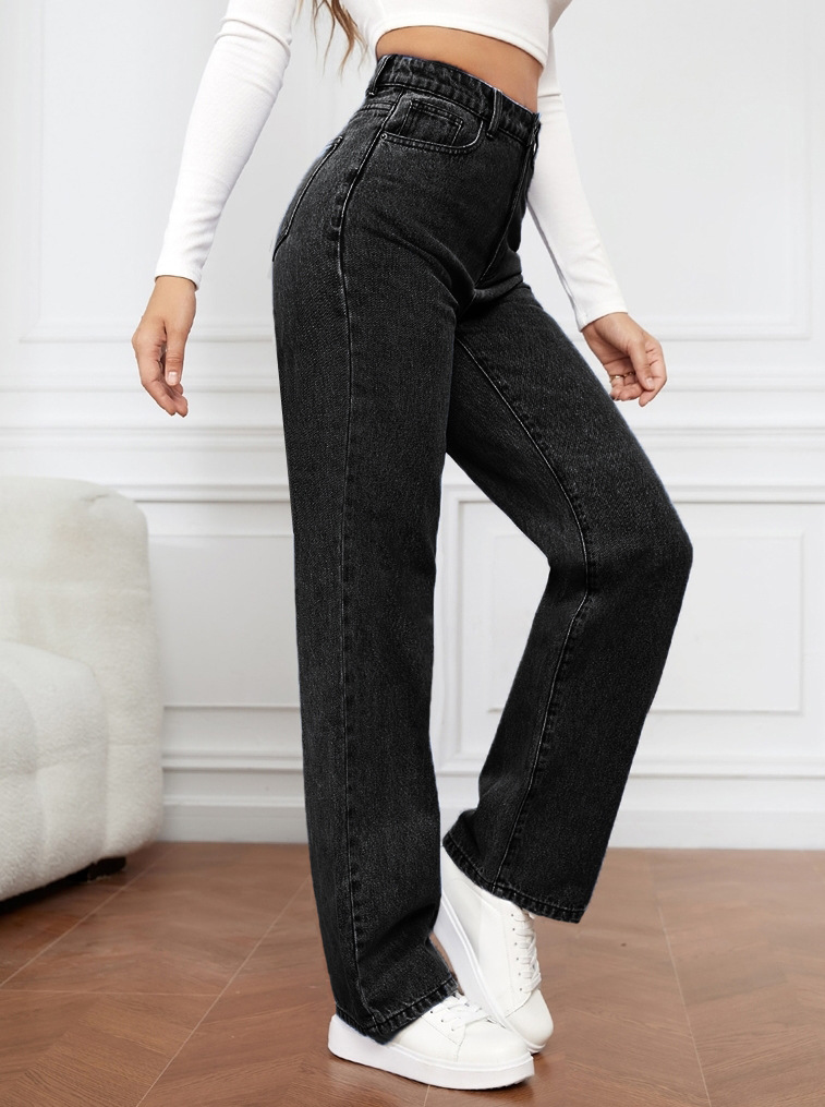 Damkläder i het stil, stretchtvättad denim mode raka byxor jeans dambyxor_voghion.com