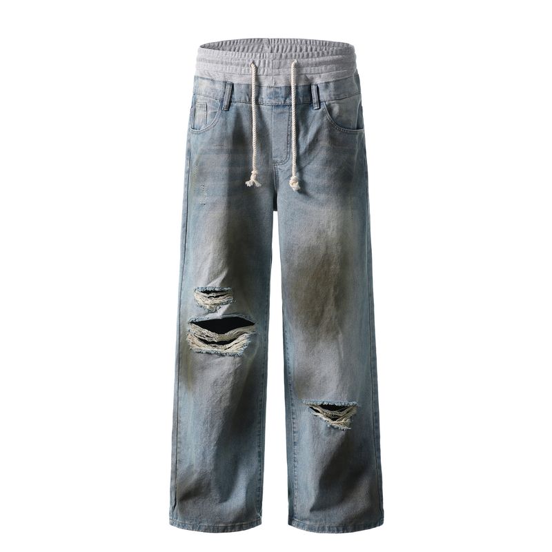 Men's Clothing Retro Washed Elastic Waistband Patchwork Denim Loose Jeans Dirty Ripped Design Long Pants_voghion.com