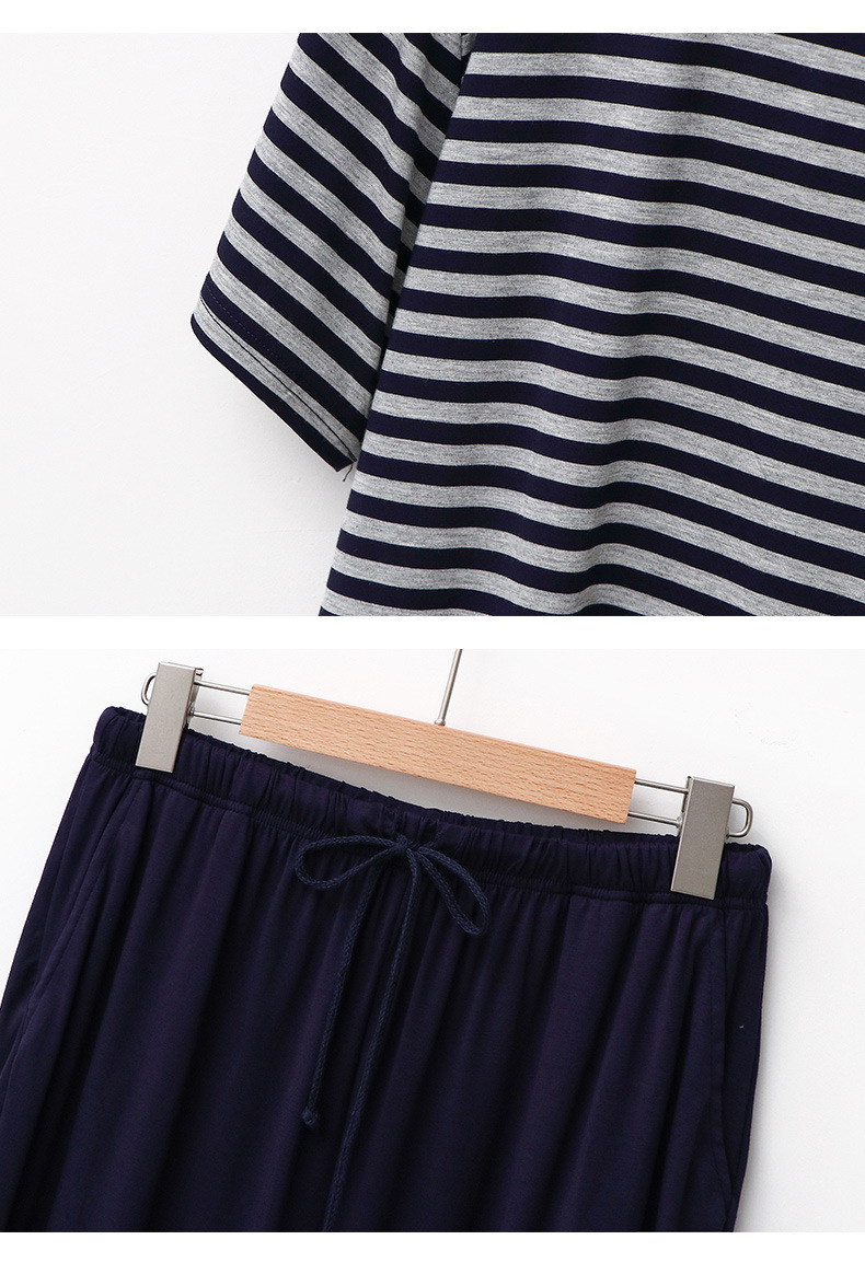 Ropa de hombre Verano nuevos pijamas modales para hombres rayas con cuello redondo pantalones cortos de manga corta simples, transpirables y cómodos traje de ropa para el hogar_voghion.com