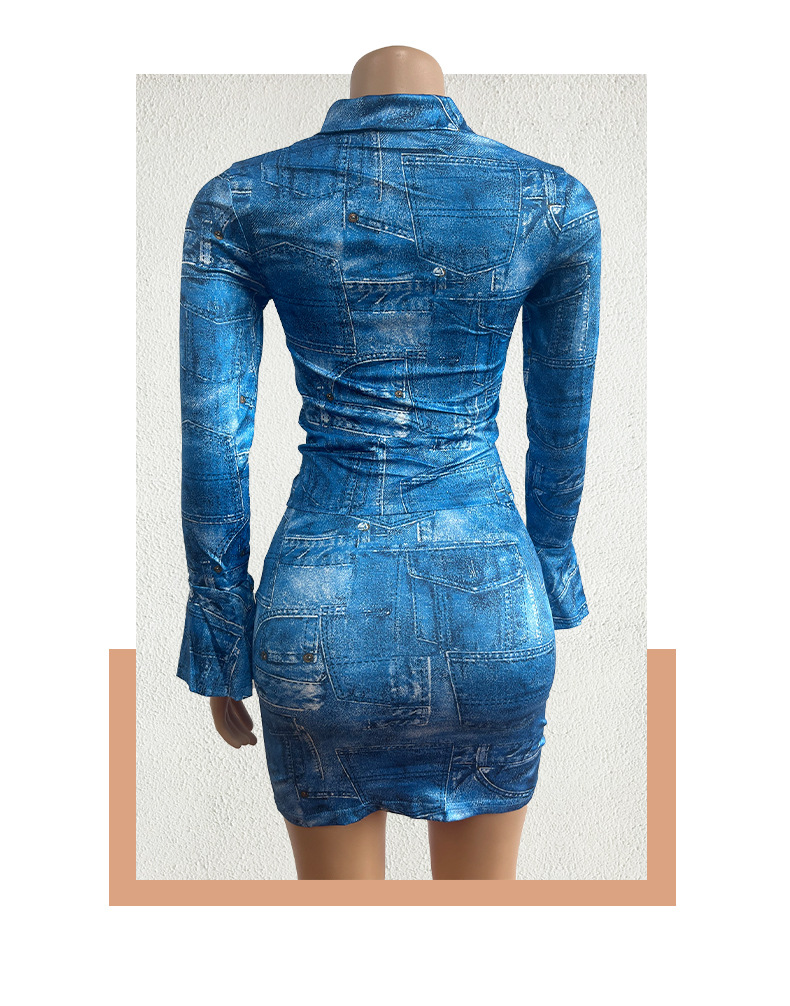 Roupas femininas Retro Denim Terno de duas peças com modelagem corporal plissada Top de manga comprida Saia de quadril elegante e versátil_voghion.com