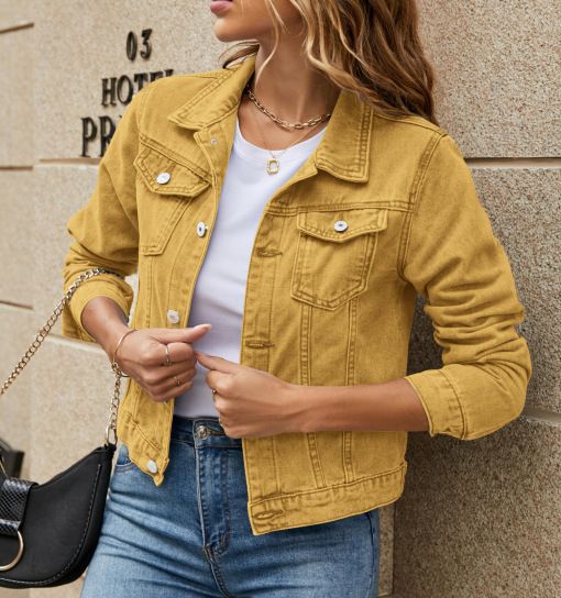 Giacche di jeans da donna, alla moda, casual, a maniche lunghe, con risvolto, tinta unita, con bottoni, tasca sul petto, giacca di jeans slim, cappotto autunnale e invernale_voghion.com