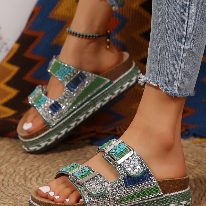 2025 New Thick Bottom Rope Double Button Water Diamond Cork Beach Slippers Lare Women's Shoes Shinin And_voghion.com