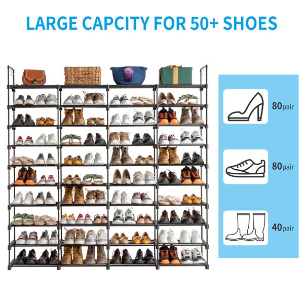 10 Tiers Shoe Rack Storage Organizer Shoe Shelf Organizer for Entryway Holds 80 Pairs Shoe; Stackable Shoe Cabinet Shoe Rack_voghion.com