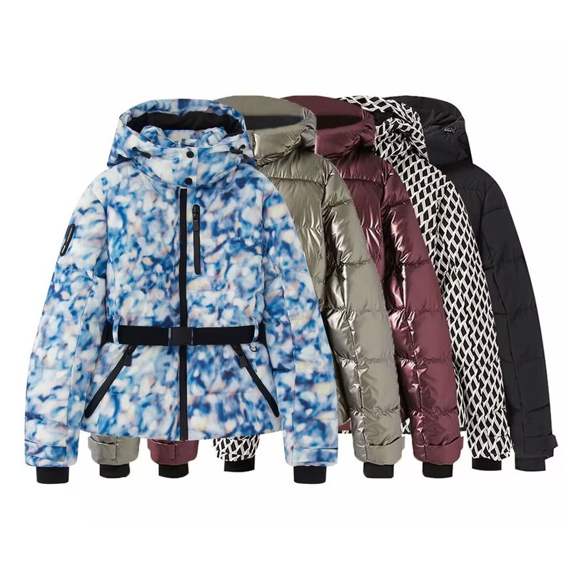 Women's Clothing Women's Stylish Ski-Inspired Hooded Down Jacket With Waist Cinching - Winter Warm Padded Coat In Black/Checkered/Silver/Blue Floral_voghion.com