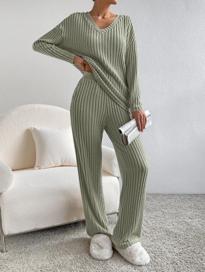Women's Ribbed Knit Two-Piece Set – Oversized V-Neck Top & Straight Leg Pants (5 Colors) | S-XXL_voghion.com