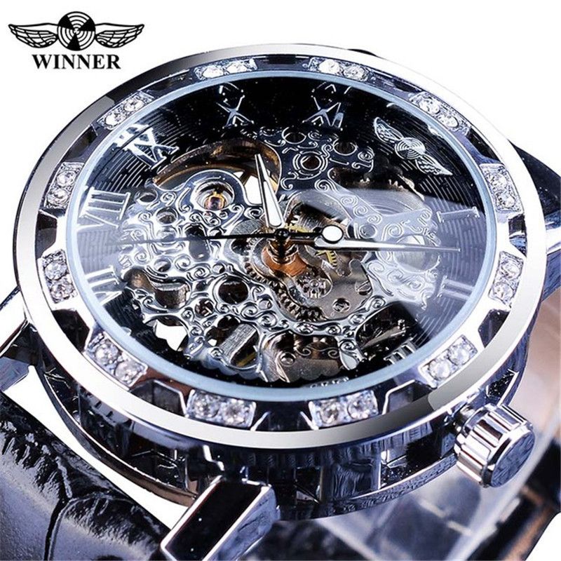 Men's Fashion Skeleton Mechanical Watch With Rhinestones - Hand-Winding Luxury Timepiece, 40mm Leather Strap, Stainless Steel Buckle_voghion.com