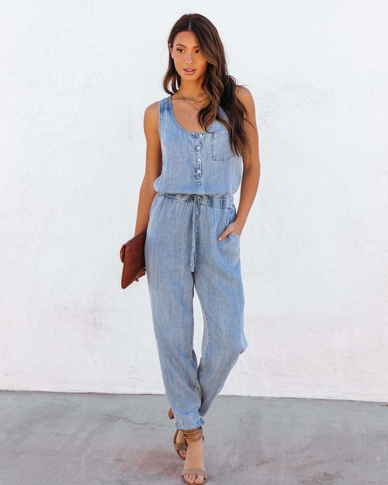 2023 lente en zomer dameskleding nieuw product losse mouwloze dames denim jumpsuit_voghion.com