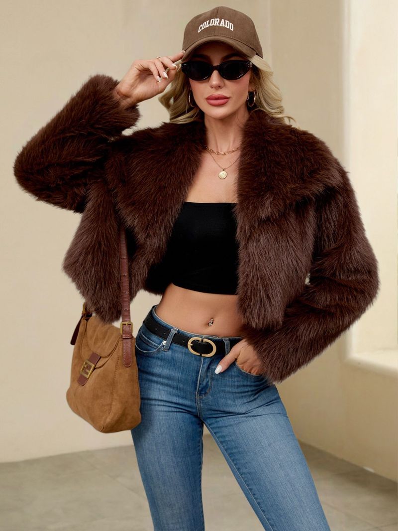 Giacca da donna con collo in pelliccia sintetica – Cappotto corto in peluche con revers alto | Lussuosa e calda (S-XXXL)_voghion.com