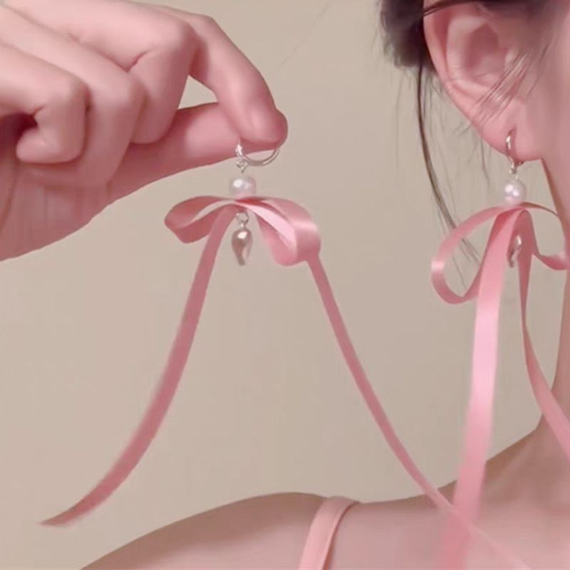 Orecchini pendenti a forma di cuore con fiocco rosa e fiocco in perle, unisex, per ragazze, con fibbie per le orecchie, dolci e delicati._voghion.com