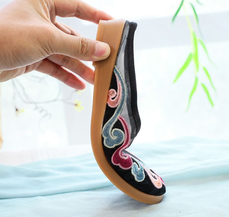 Slippers, Mesh Embroidered Fabric Shoes, Summer Cow Tendon Soles, Casual Women's Outerwear Sandals_voghion.com