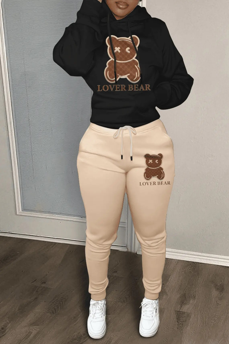 Set di pantaloni della tuta stampati con testa d'orso da donna con cappuccio_voghion.com