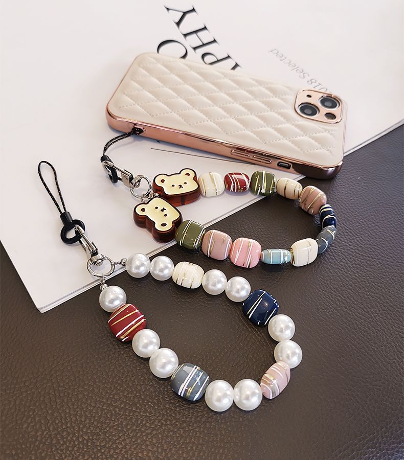 Mobile phone lanyard, short wrist strap, handmade bead chain, hand-held ins style teddy candy chain accessory, women's_voghion.com