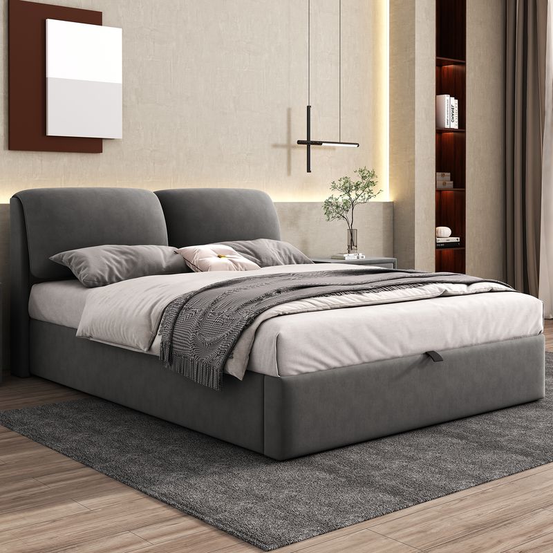 Cadre de lit coffre hydraulique rembourré en velours avec 3 tiroirs, sommier à lattes, tête de lit, 140 x 200 cm, gris, matelas non inclus_voghion.com