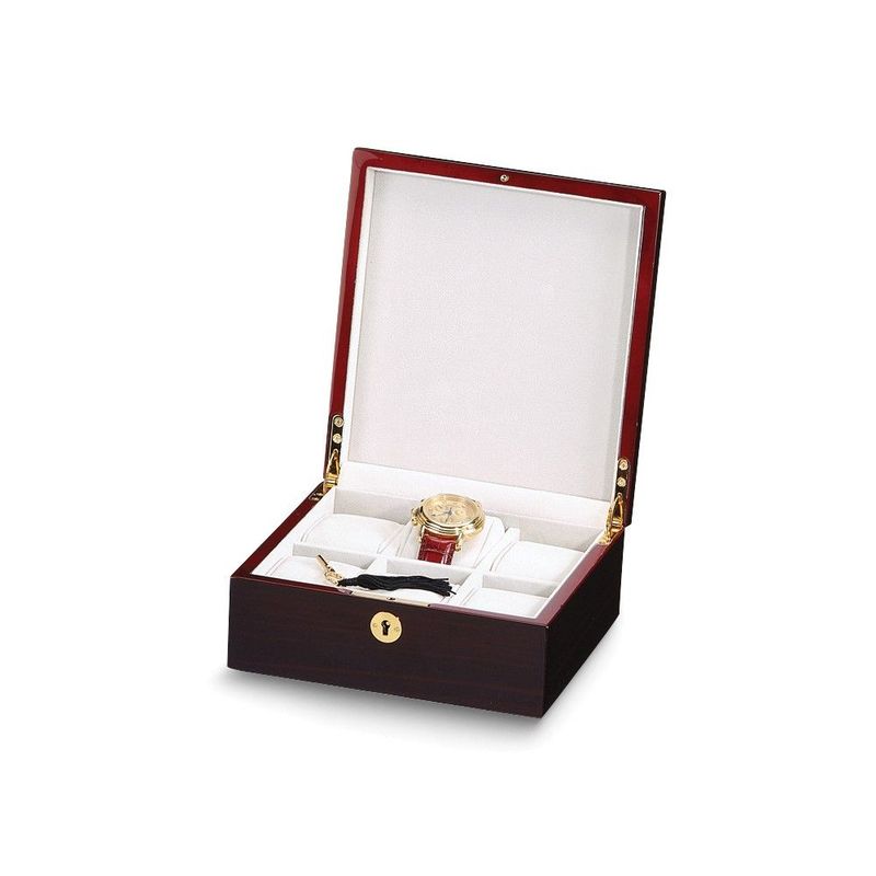 High Gloss Dark Burlwood Finish With Inlay Velvet Lined Locking Wooden 6-Watch Case_voghion.com