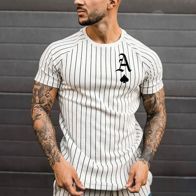 Maglietta leggera da uomo a maniche corte con scollo rotondo casual, a righe e stampa 3D, con asso di picche, estate 2024_voghion.com