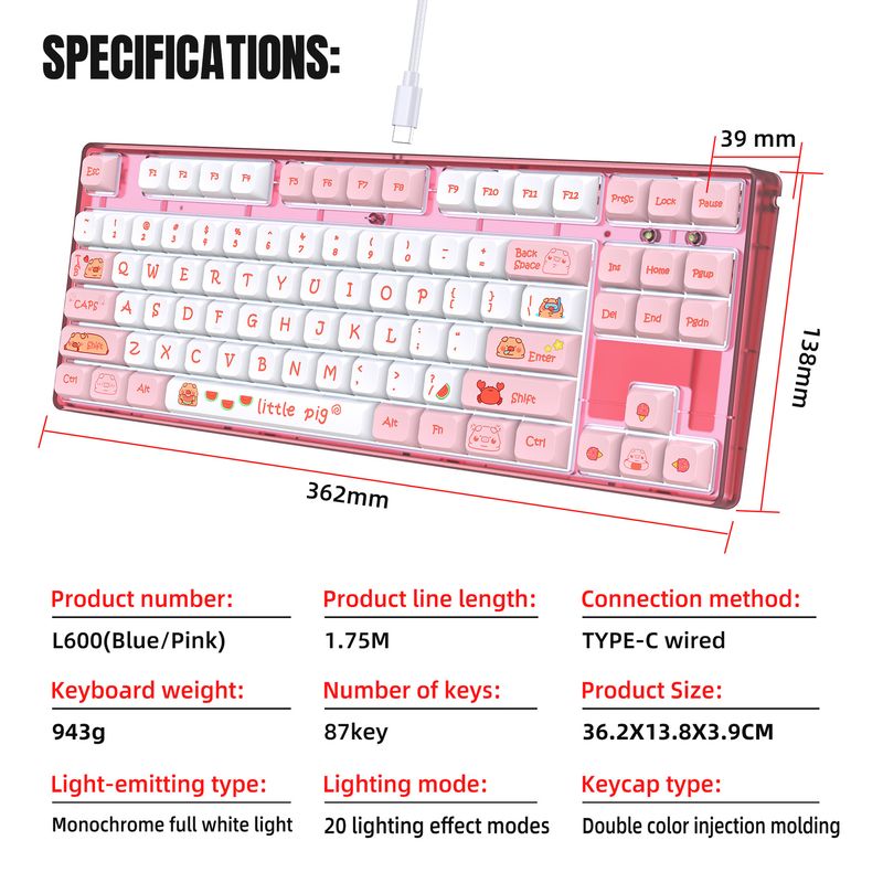 New 87 key wired mechanical sublimated cartoon keycaps, game keyboard, multiple lights_voghion.com