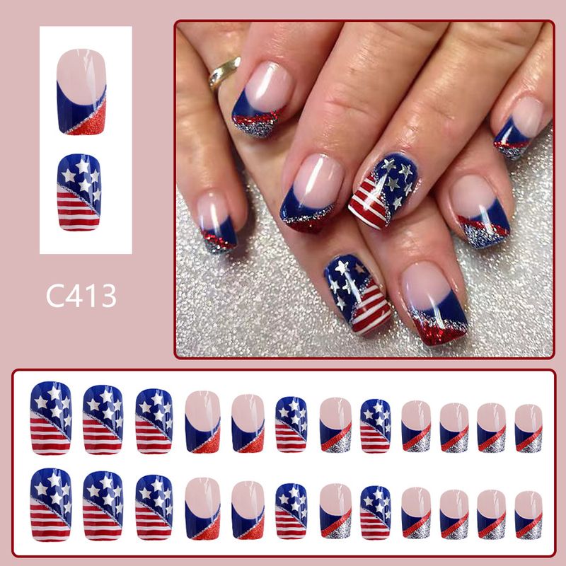 Short Bright Red and Blue Color Multicolor Glitter Stripe Independent Day Wear Nail Art US Five-pointed Star Foreign Trade 24 Pieces_voghion.com