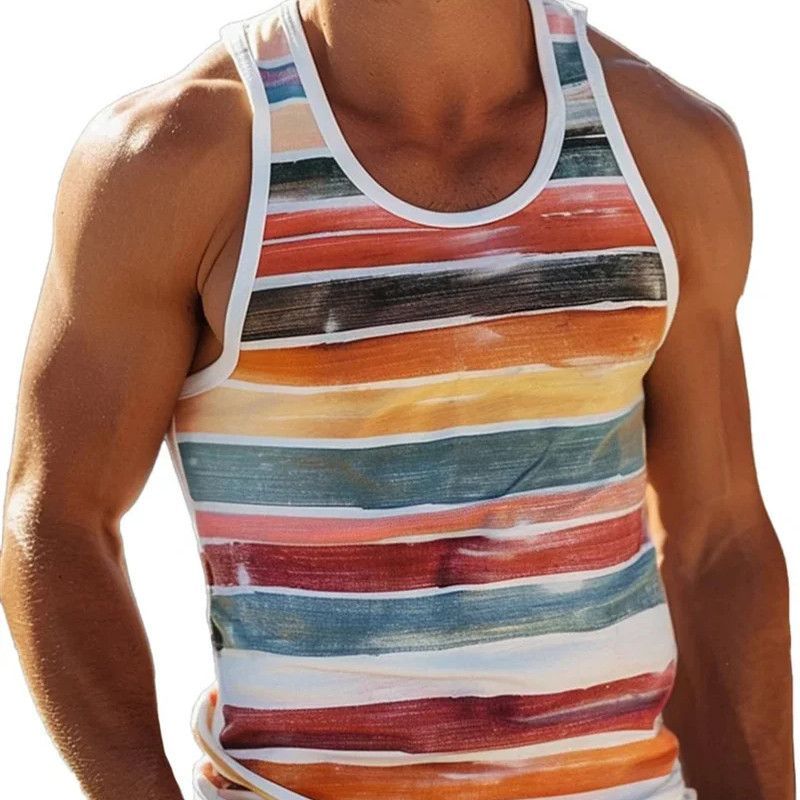 Vacation Refreshing Slightly Elastic Polyester Colorful Striped 3D Printed Wide Men Summer Sleeveless Vest_voghion.com