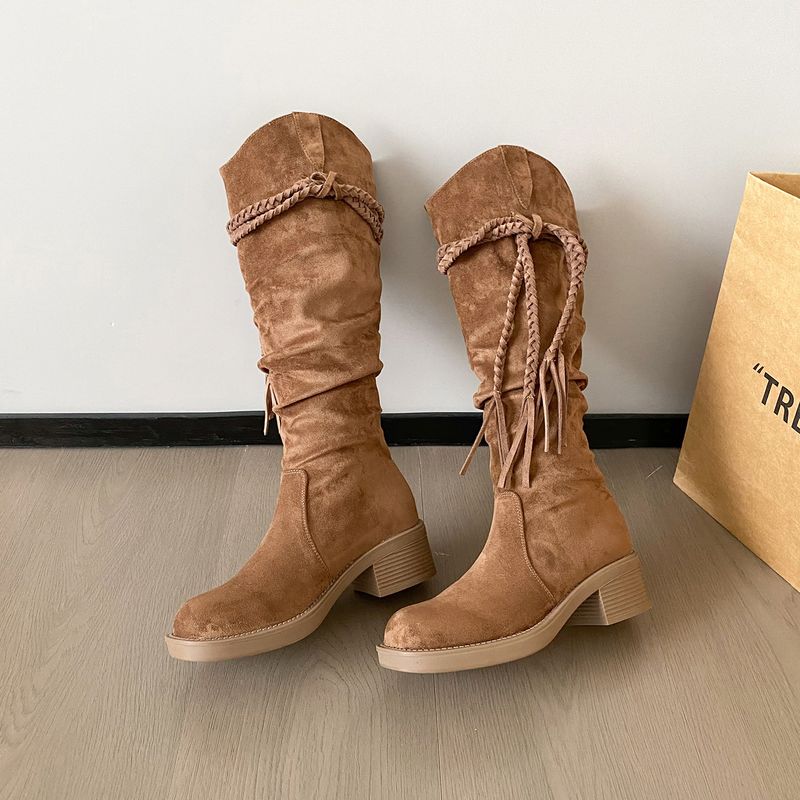 2025 Autumn Wasteland Style Tassel Knight Thick Heel Over-the-Knee Long Slimming Pile Mid-Calf Boots For Women_voghion.com