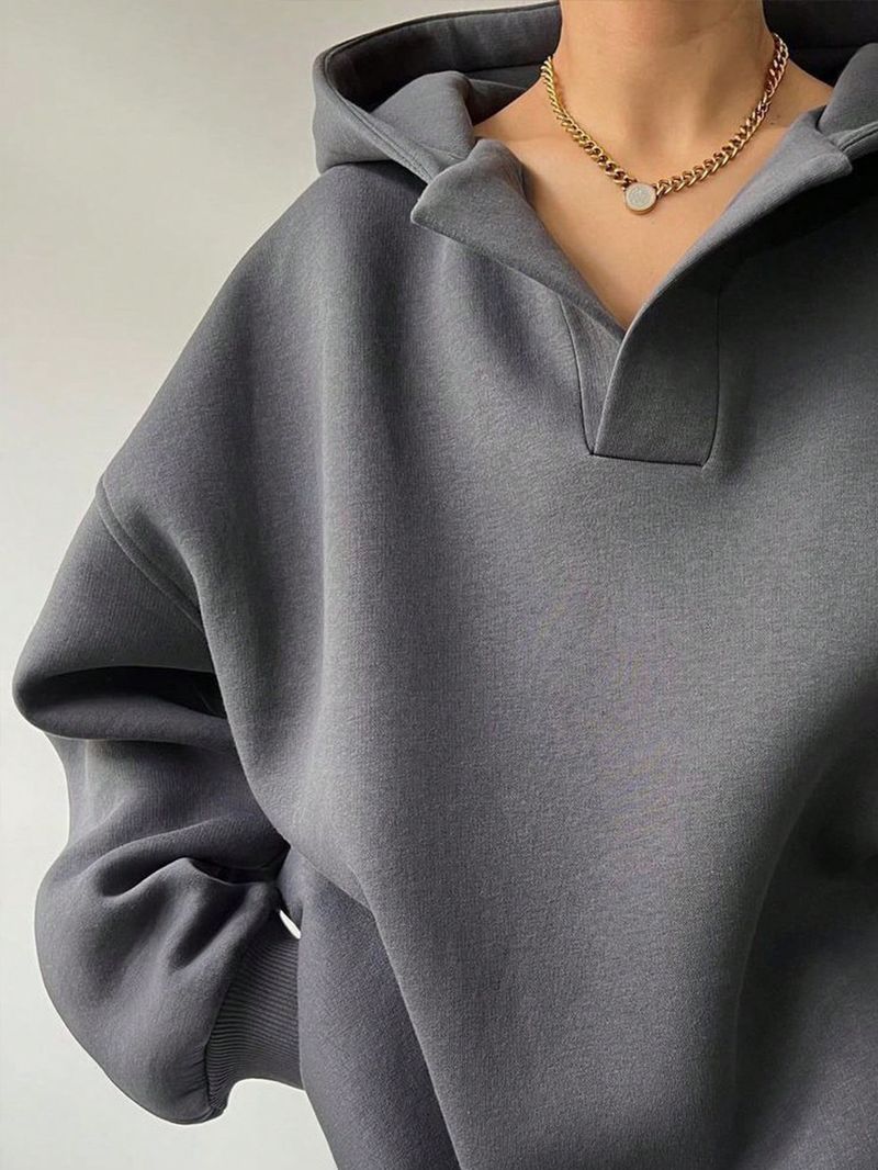 Women's Clothing Sweatshirt Solid Color Long Sleeve Hooded Solid Color Loose Sweater Women's Top_voghion.com