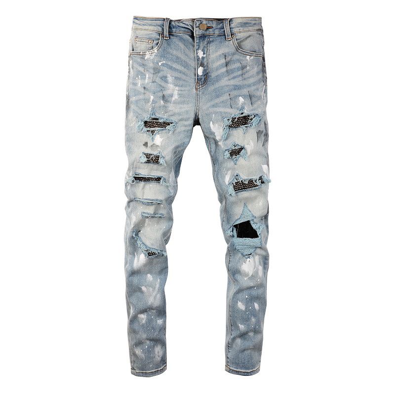 Ανδρικά ρούχα Graffiti Slim High Street Jeans Patch Diamond Hole Patch_voghion.com