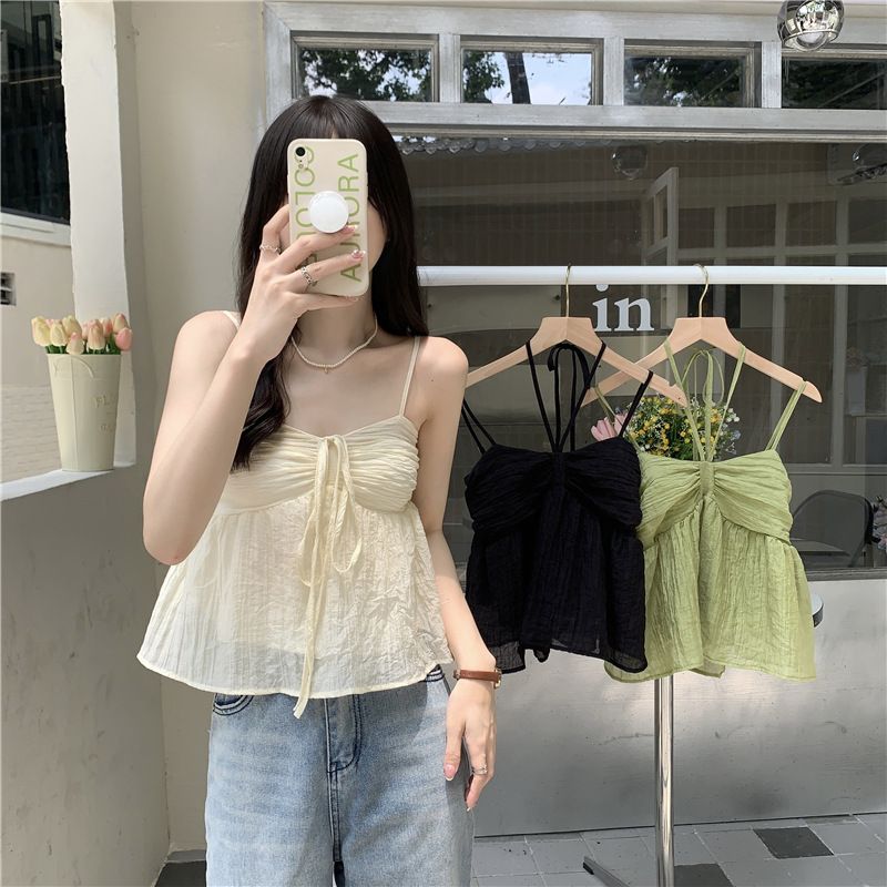 Women's Clothing Pure Color Small Fresh French Suspenders Women's Halter New Sweet Small Vest Outerwear Double Layer Suspenders_voghion.com