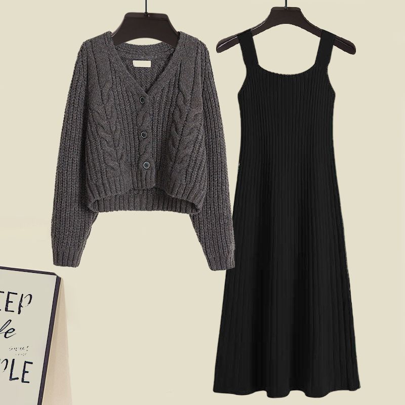Completo da donna autunno/inverno composto da cardigan e abito in maglia, 2 pezzi – Completo elasticizzato snellente in grigio/beige/nero (M-4XL)_voghion.com