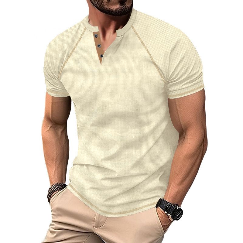 Unbeatable Quality 2025 American Style Waffle Henley Shirt Men's Contrasting Color Shoulder Slimming T-shirt Short Sleeved_voghion.com