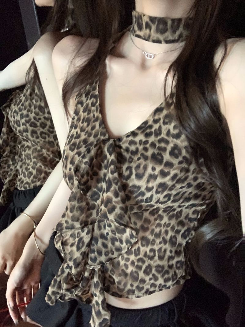 Canotta sexy da donna estiva con scollo all'americana e stampa leopardata, stile americano, attillata, corta e corta_voghion.com