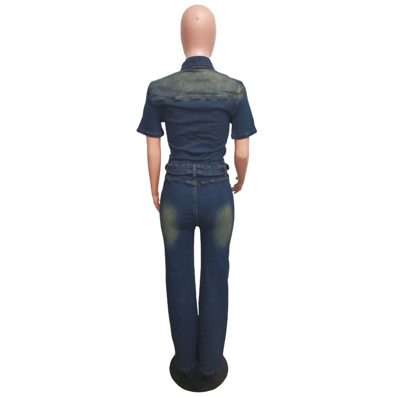 Tight Waist Slim Elastic Washed Denim Jumpsuit Straight Loose Jumpsuit_voghion.com