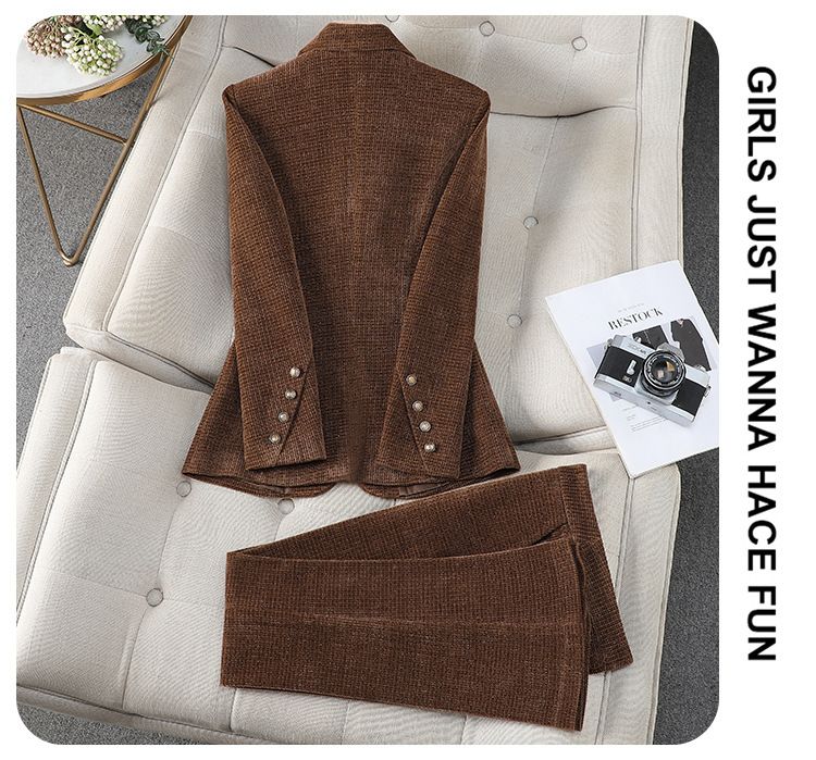 Ensemble tailleur en laine premium pour femme – Blazer et pantalon élégants pour le bureau et les occasions formelles (Kaki/Noir/Rouge, S-4XL)_voghion.com