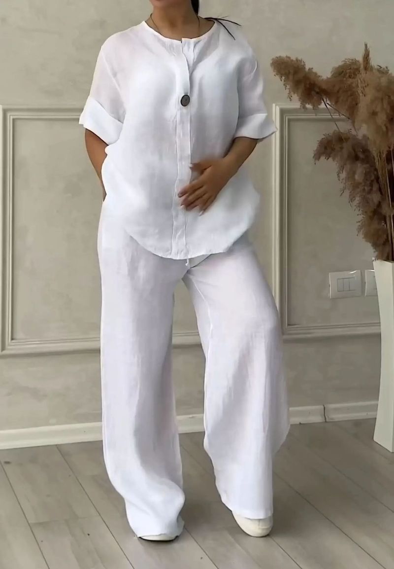 Summer Autumn New Women's 2-Piece Set Plus Size Cotton Linen Shirtsuit Casual Daily High-Waisted Loose-Fit Trousers Set_voghion.com