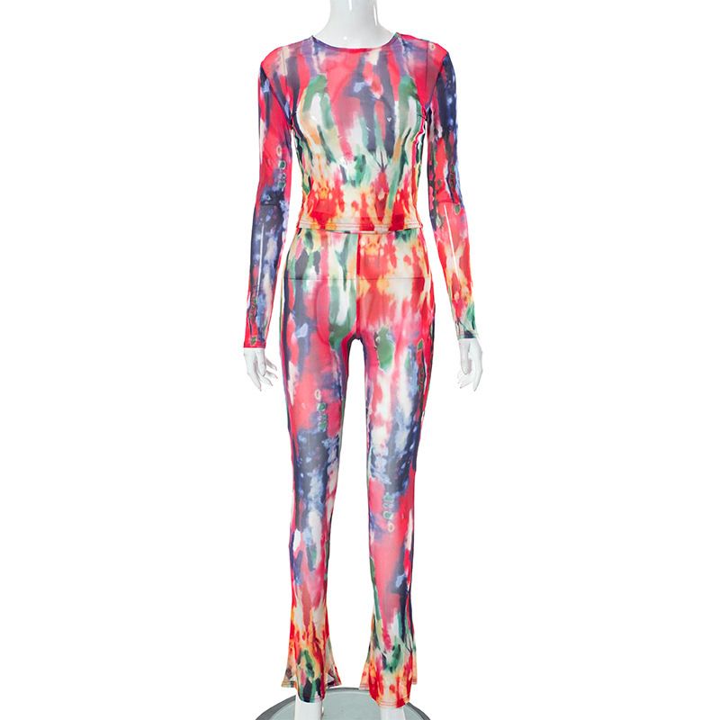 Ropa de mujer, primavera y verano, nueva moda, malla estampada, pantalones ajustados, traje informal_voghion.com