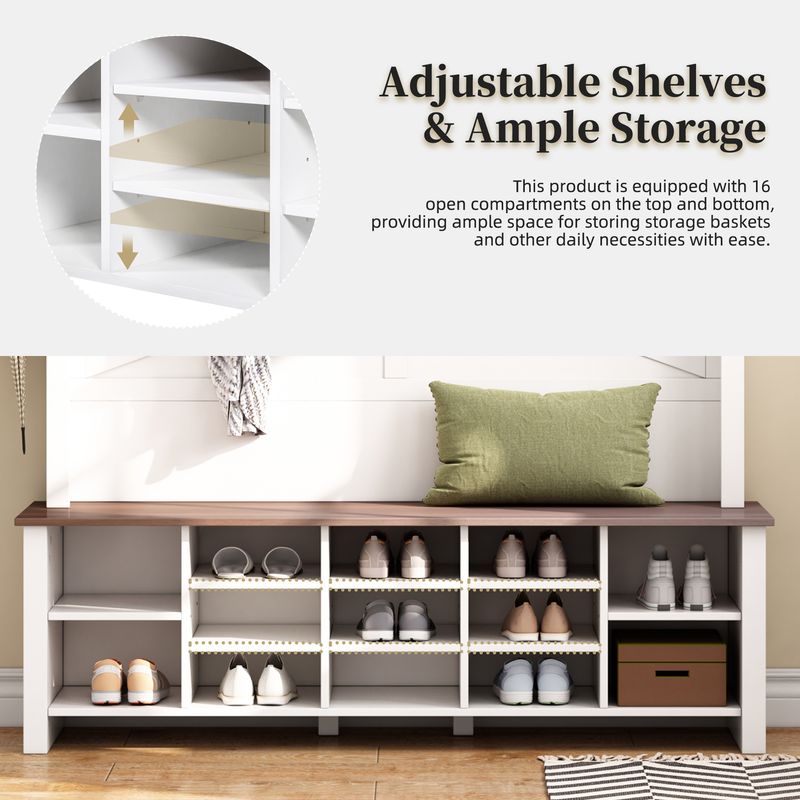 ON-TREND Farmhouse 4-in-1 Hall Tree With 6 Hooks, Practical Walnut Entryway Bench With Adjustable Shelves, Wooden Style Rustic Shoe Organizer With 16 Open Compartments For Mudroom, Living Room, White_voghion.com