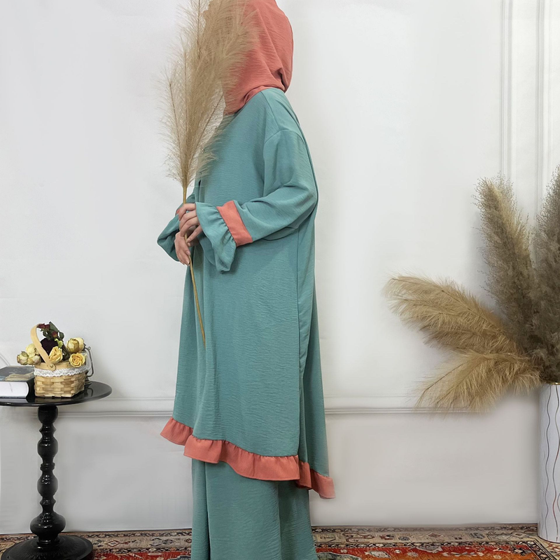 Women's Clothing Solid Color Ruffled Burkha Two Piece Set_voghion.com
