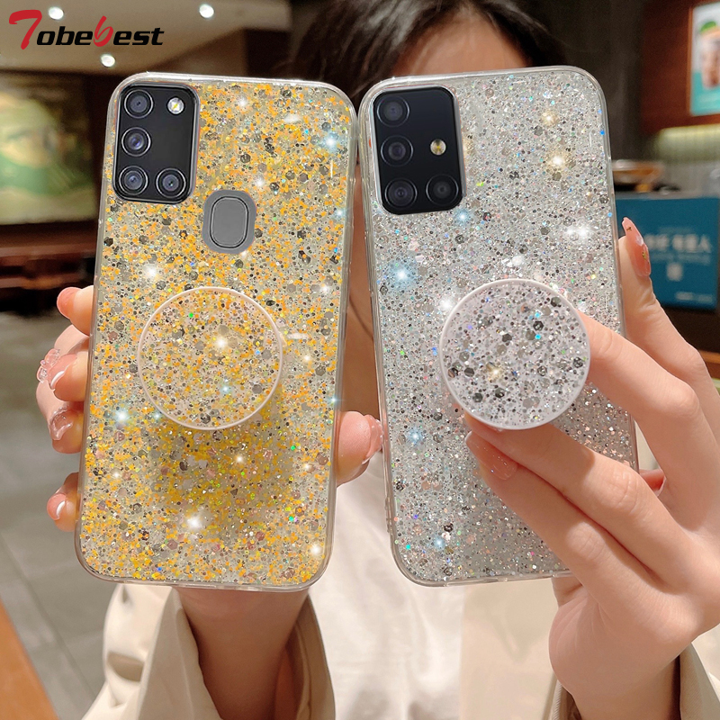 Fényes Glitter Gypsophila telefontartó tok Samsung Galaxy A51 A71 A11 A21S A31 A81 A91 Bling arany ezüst fólia szilikonhoz_voghion.com