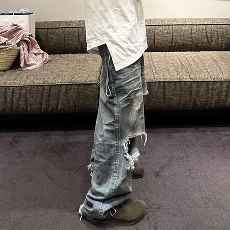 Ausgefranste, Beschädigte Loch-Baggy-Jeans Mit Weitem Bein Für Männer Und Frauen, Streetwear, Lässige Ropa Hombre-Denim-Hose, Übergroße Cargohose_voghion.com