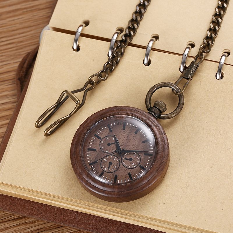 Vintage Wooden Pocket Watch With Dual-Loop Chain - Unisex Quartz Timepiece In Natural Wood Finish (45mm Case, Alloy Strap, Multiple Color Options)_voghion.com