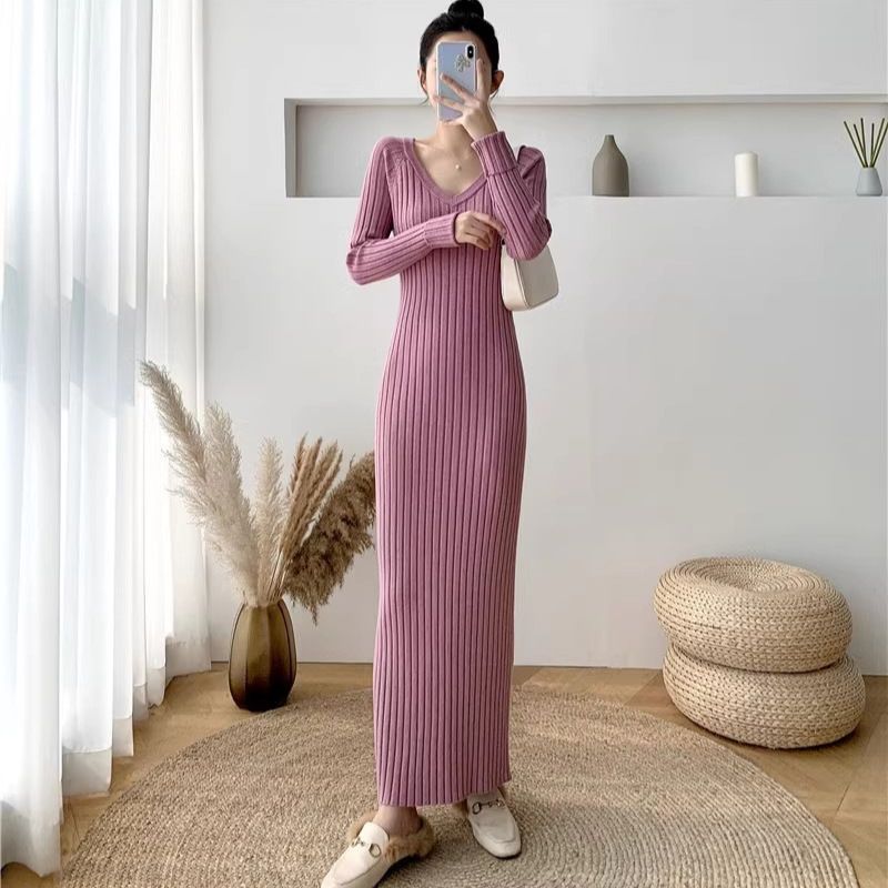 Maglia aderente slim fit con scollo a V extra per donna, autunno e inverno, maglione interno lavorato a maglia, abito lungo sopra il ginocchio_voghion.com