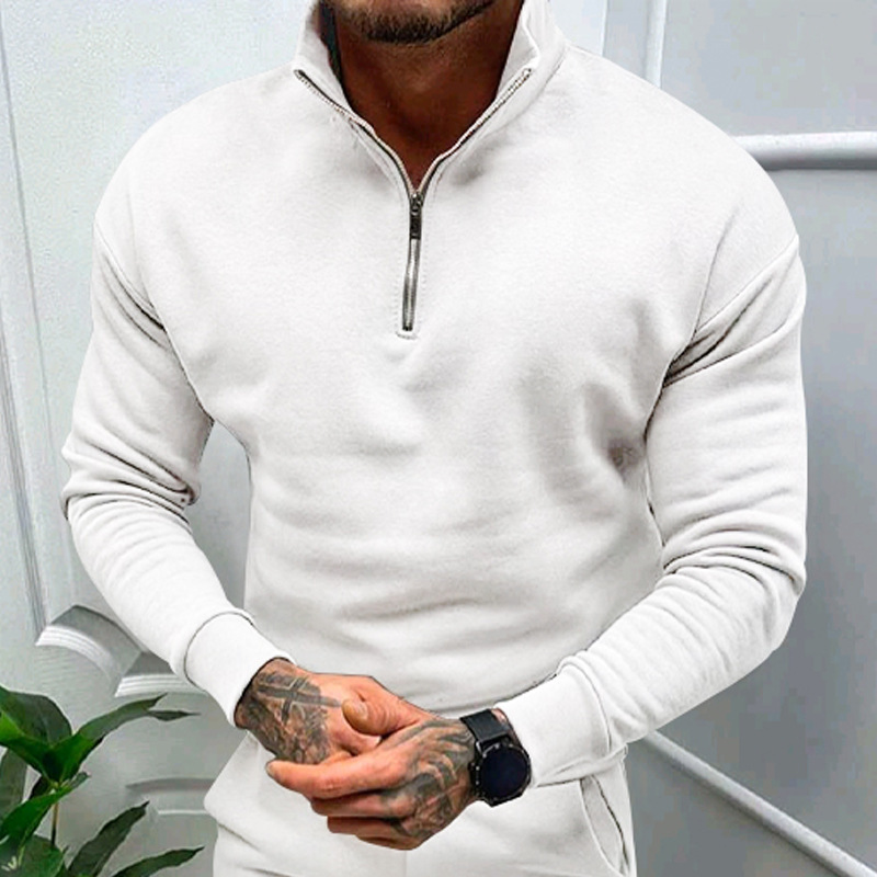 autumn and winter men's casual plus velvet solid color long-sleeved half-zipper POLO stand-up collar top men_voghion.com
