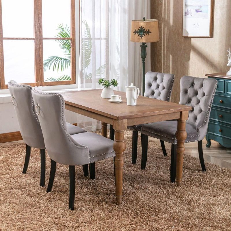 CREASION Set Of 2 Velvet Dining Chairs, Button Tufted With Wood Legs, Rivet Trim & Knocker Ring For Dining & Living Room_voghion.com
