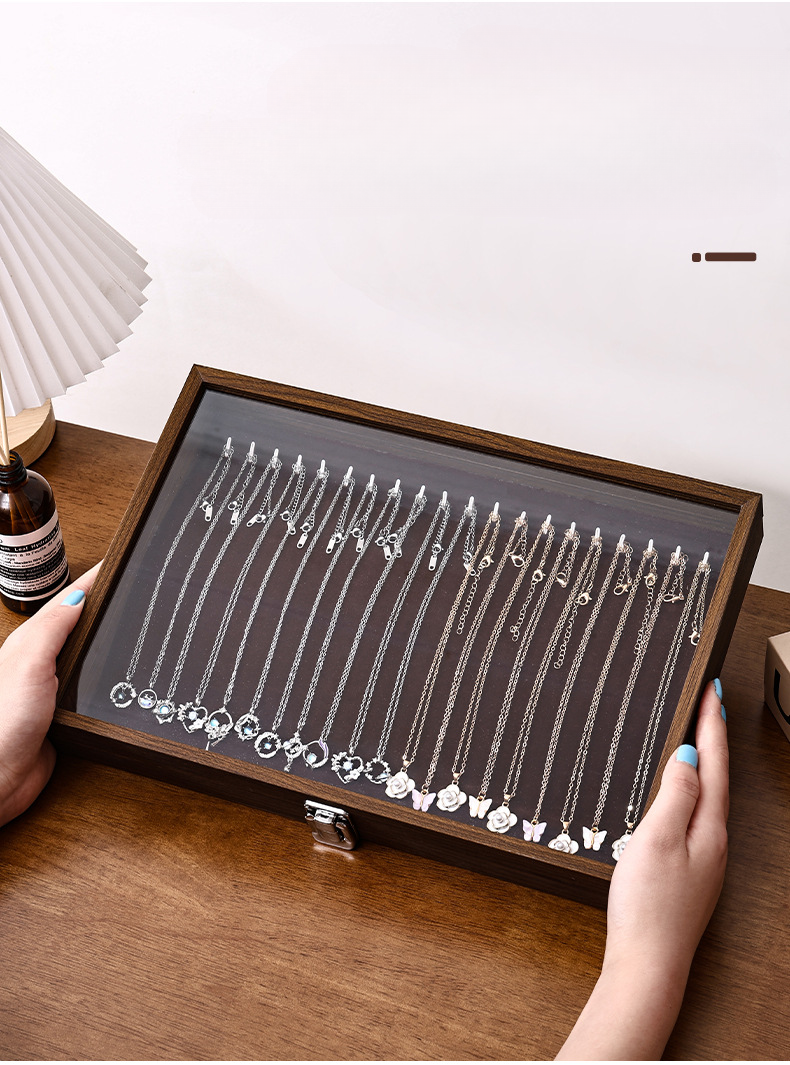 Walnussfarbe Hundert Slots Ring Halskette Aufbewahrung Ohrringe Box Staubdicht Schmuck Display für Stände_voghion.com