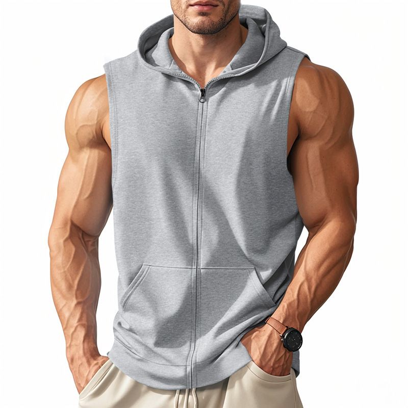 Herren Sommer Unterhemd mit Kapuze Sport Fitness Training Reißverschluss Strickjacke Ärmellose Weste Tops_voghion.com