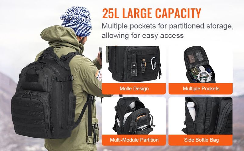 Tactical Backpack 25L Military Backpack With Molle Mode & Sponge Pad Black_voghion.com