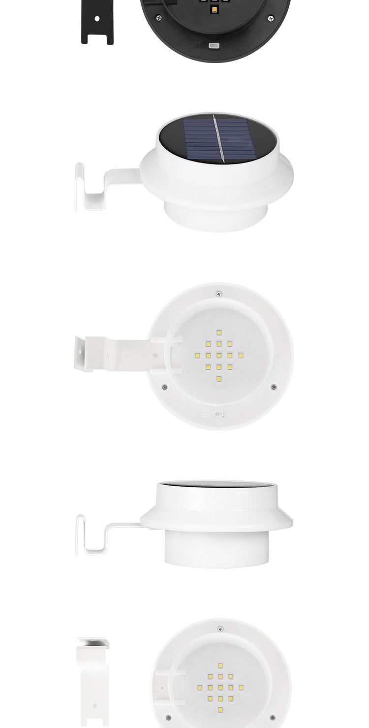 Lámpara solar de pared de 13 LED para jardín, impermeable, para exteriores, con sensor de movimiento, diseño redondo en carcasa blanca y negra._voghion.com