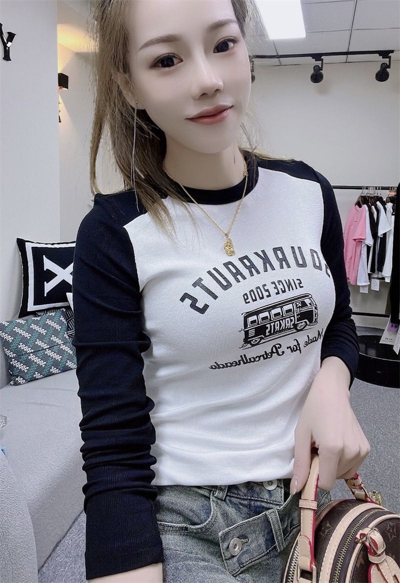 2023 Autumn Winter New Korean Style Long Sleeve Top With Design Sense, Color-Block Print, Sexy And Versatile Pullover_voghion.com