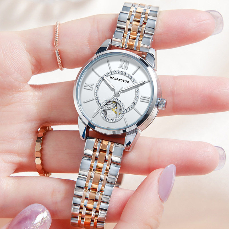 Ceas mecanic de damă, complet automat, la modă, cu incrustații de diamante, cu mecanism modern, culoare goală, curea din oțel impermeabilă_voghion.com