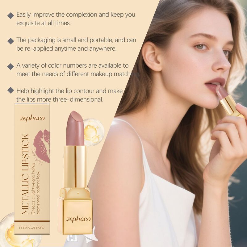 zephoco Metallic Cream Lipstick Nude Pink Moisturizing Coloring Glossy Smooth Lip Plumping Daily Makeup_voghion.com