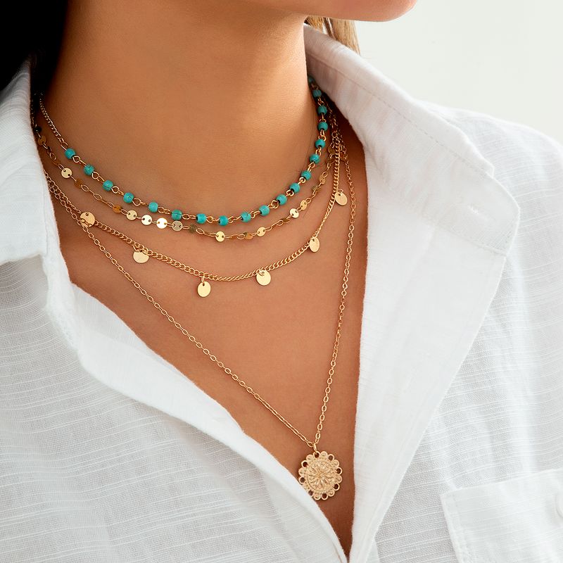 2025 Nieuwe aankomsten 4 stuks/set Boho stenen bloemenplaat hanger choker ketting voor vrouwen vintage gouden kleur verstelbare ketting esthetische sieraden_voghion.com